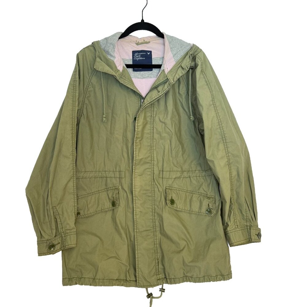 AMERICAN EAGLE ARMY GREEN HOODED JACKET  large FULL ZIP  Buttons y2k